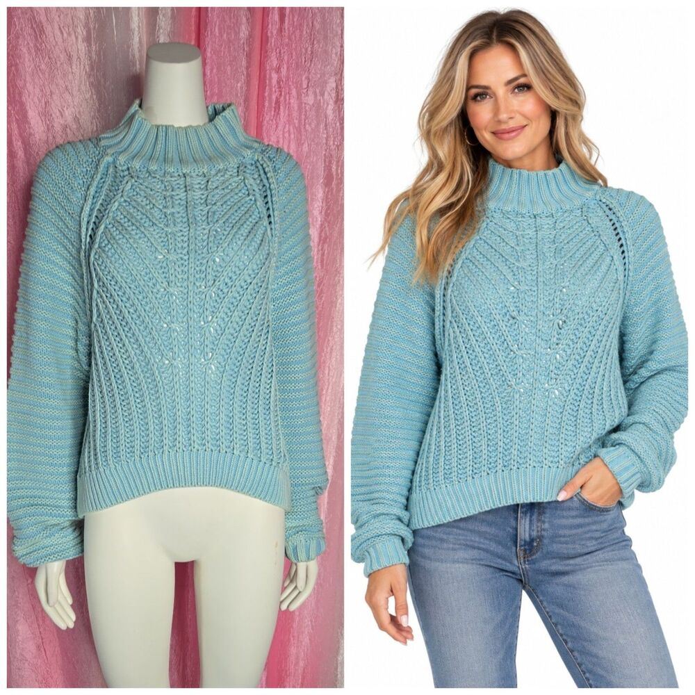Free People Sweetheart Chunky Knit Mock Neck Blue 100% Cotton Sweater Small